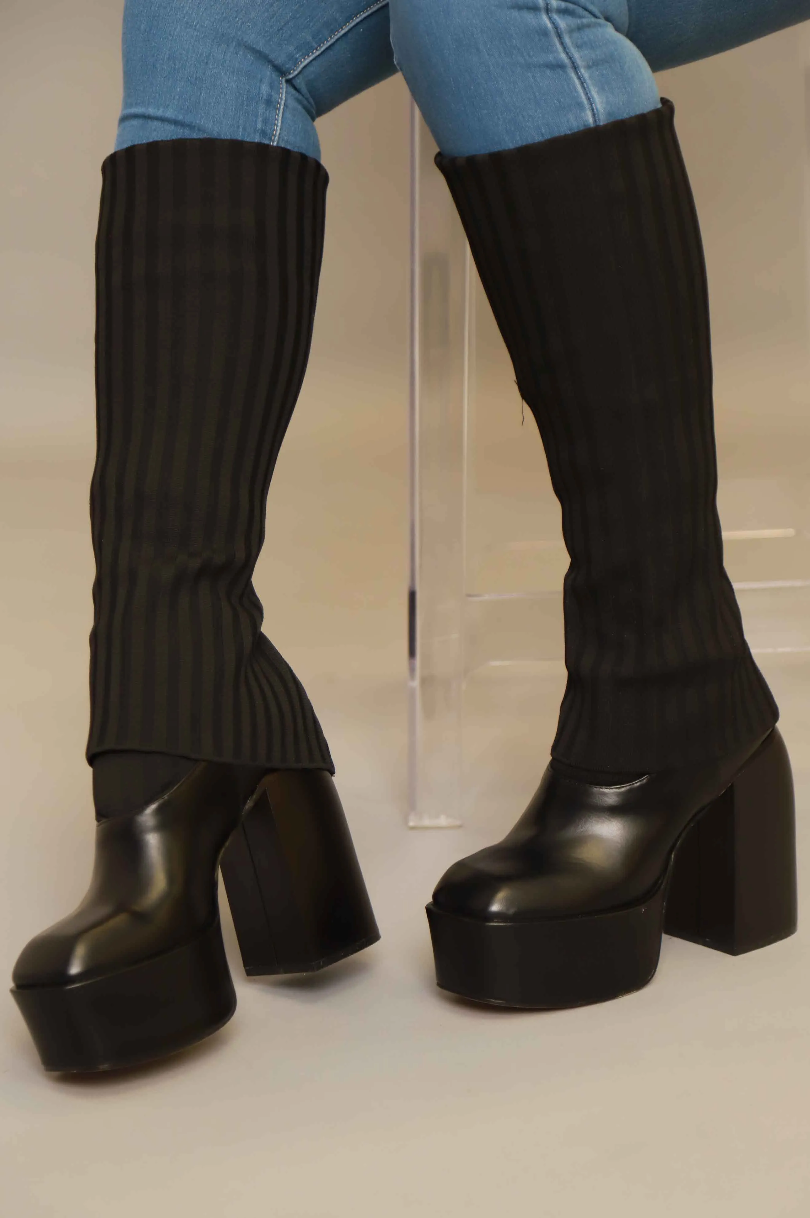 All Access Chunky Platform Knit Boots - Black