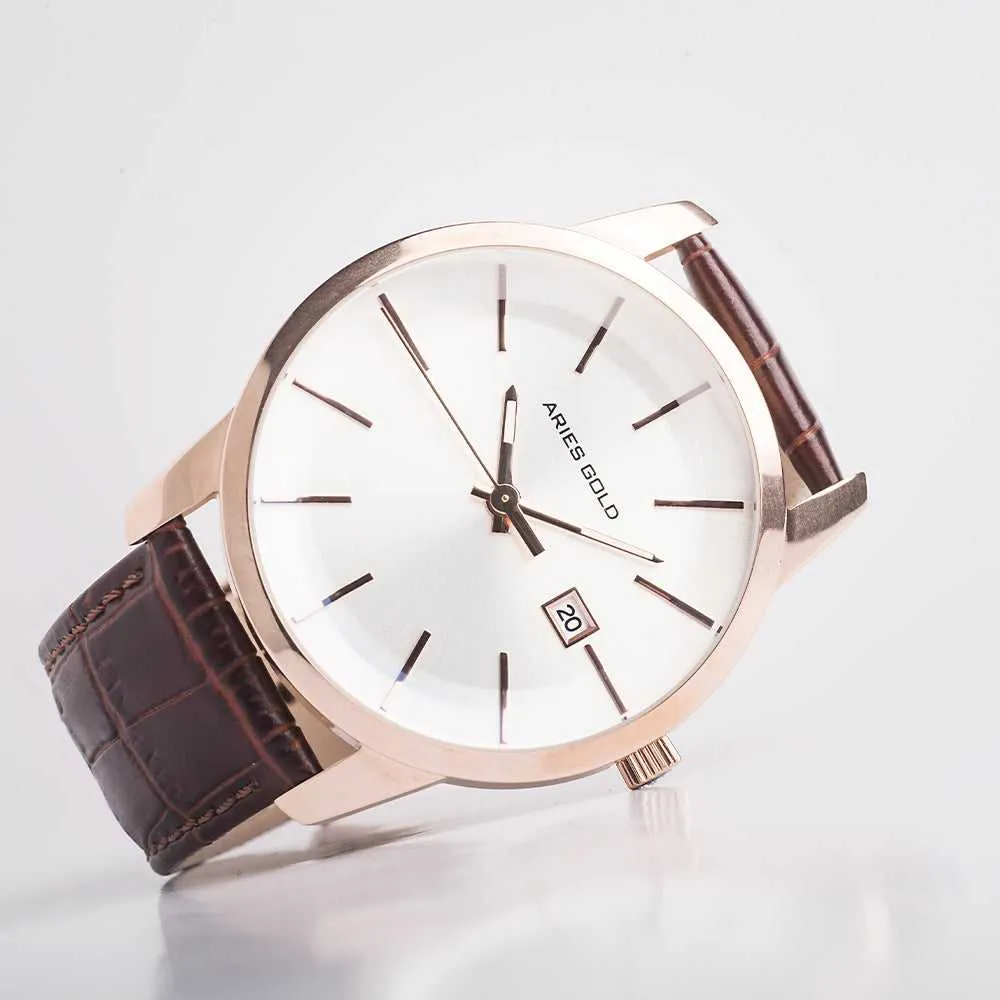 ARIES GOLD URBAN ENERGY ROSE GOLD STAINLESS STEEL G 639M RG-ROSE BROWN LEATHER STRAP MEN'S WATCH