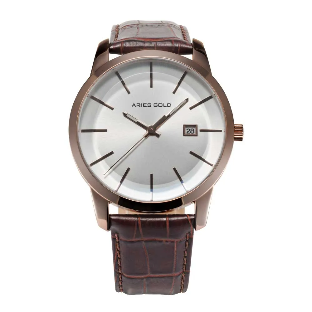 ARIES GOLD URBAN ENERGY ROSE GOLD STAINLESS STEEL G 639M RG-ROSE BROWN LEATHER STRAP MEN'S WATCH