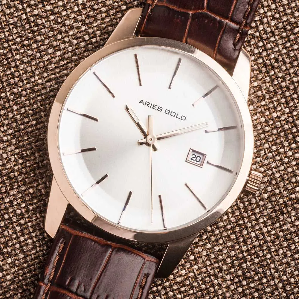 ARIES GOLD URBAN ENERGY ROSE GOLD STAINLESS STEEL G 639M RG-ROSE BROWN LEATHER STRAP MEN'S WATCH