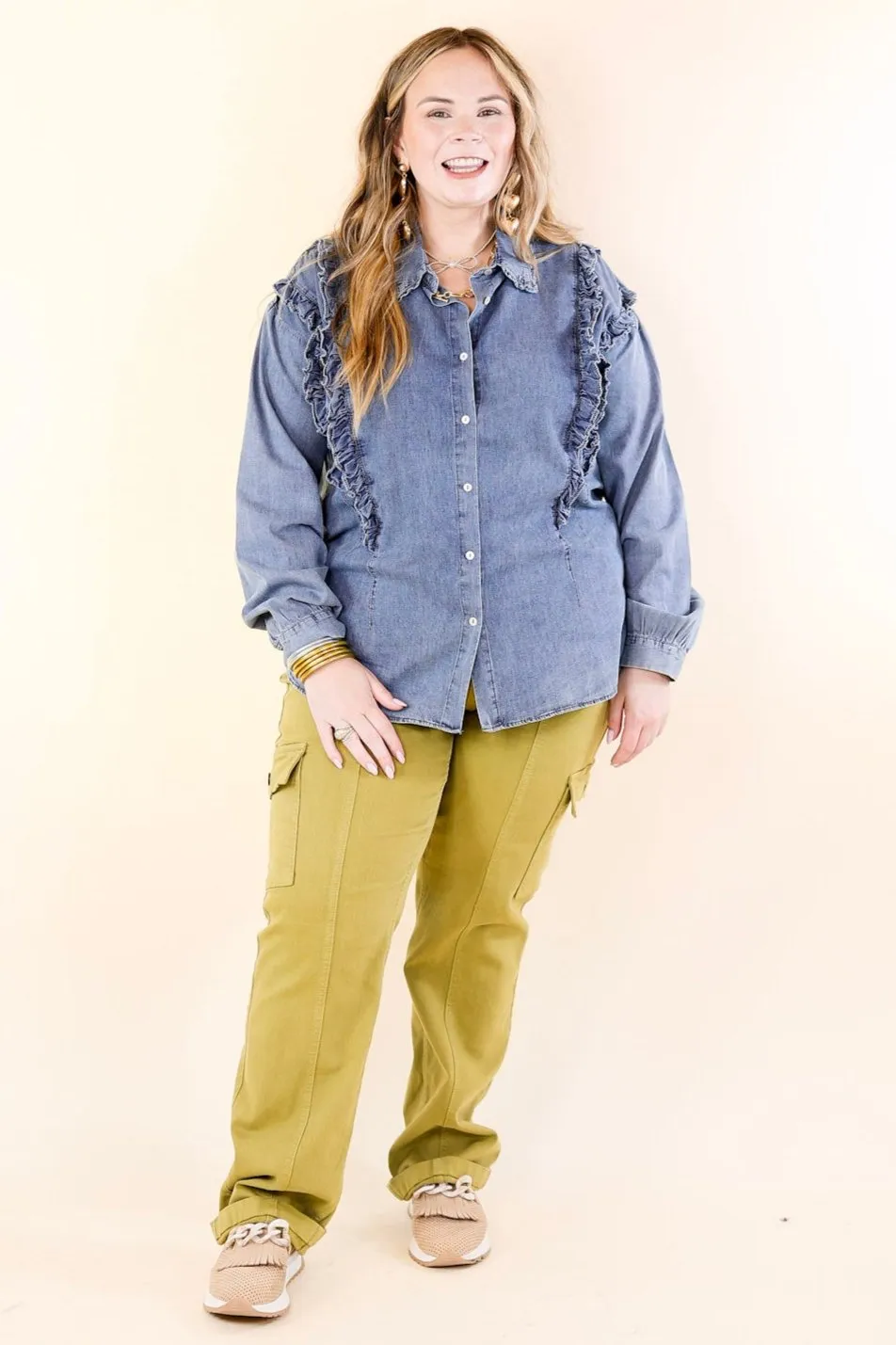 Attention To Detail Button Up Collared Denim Top with Ruffle Detail
