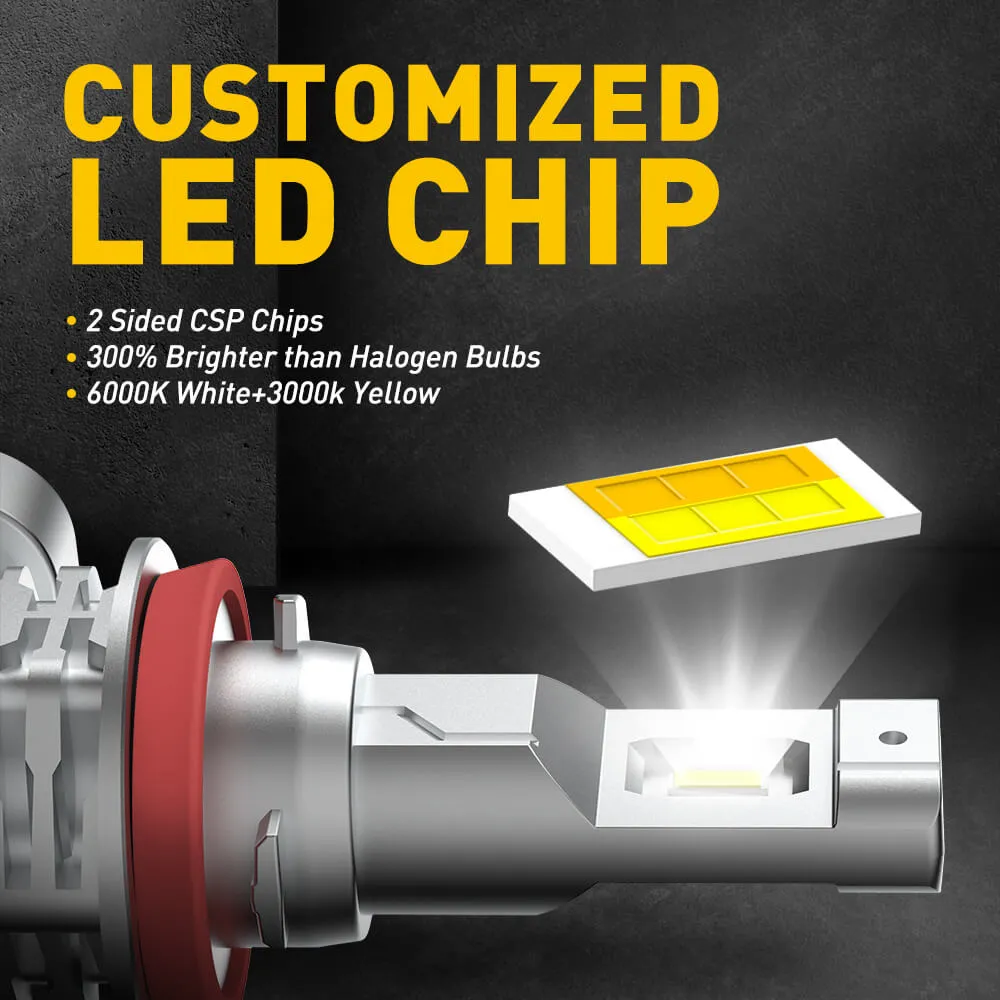 AUXITO H11 H8 H9 LED Fog Light Bulb 300% Brighter Fanless, 6000K White/3000K Golden Yellow CSP LED Chips, 18W Per Set