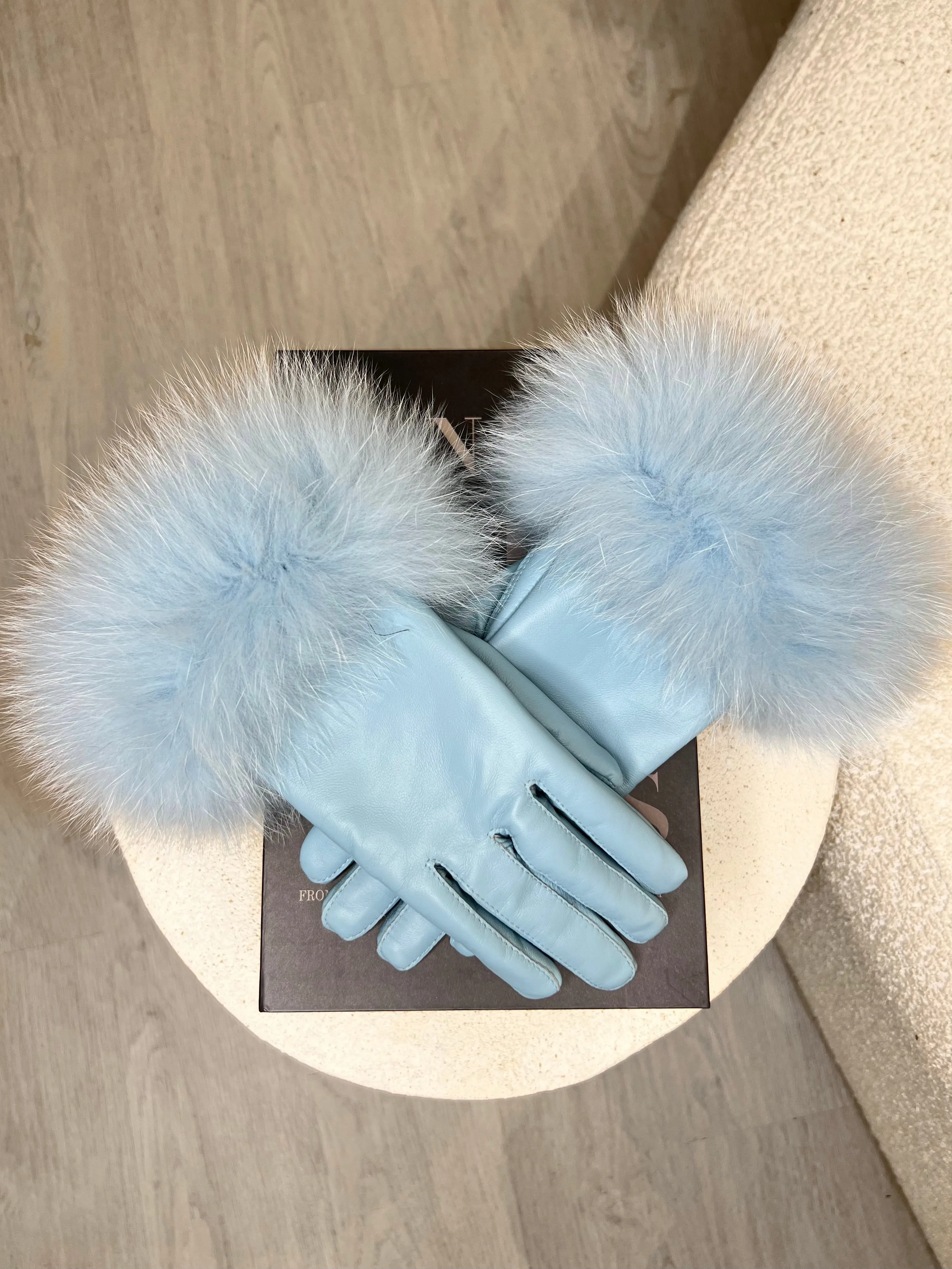 Baby Blue Luxury Fur Leather Gloves