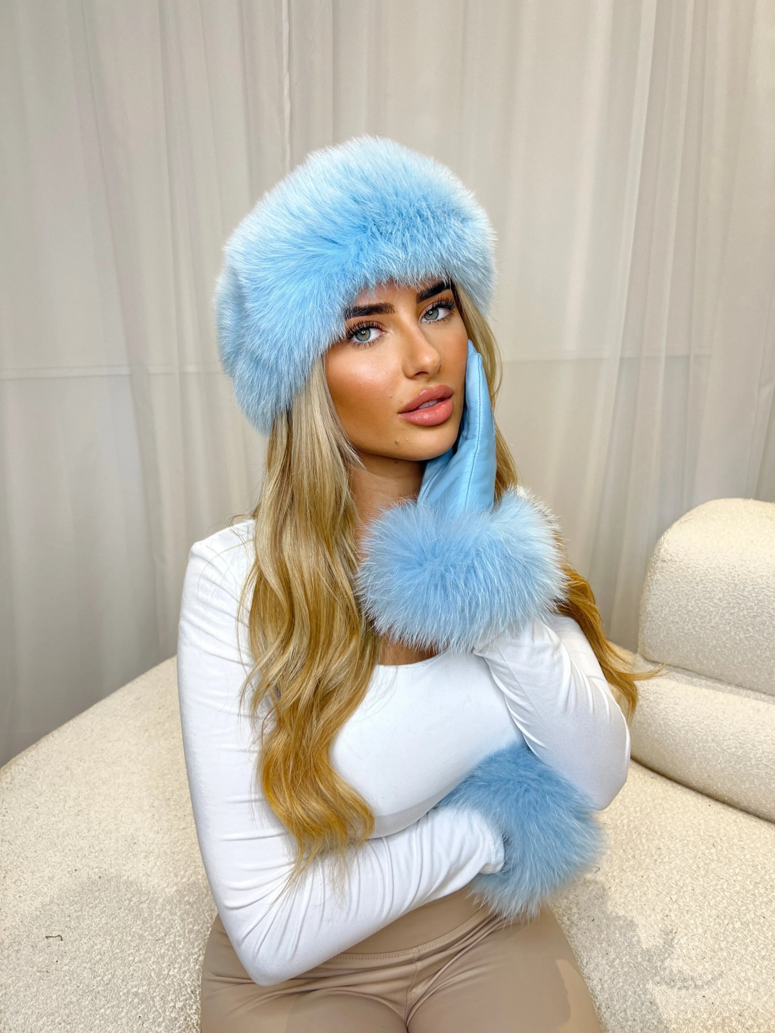 Baby Blue Luxury Fur Leather Gloves
