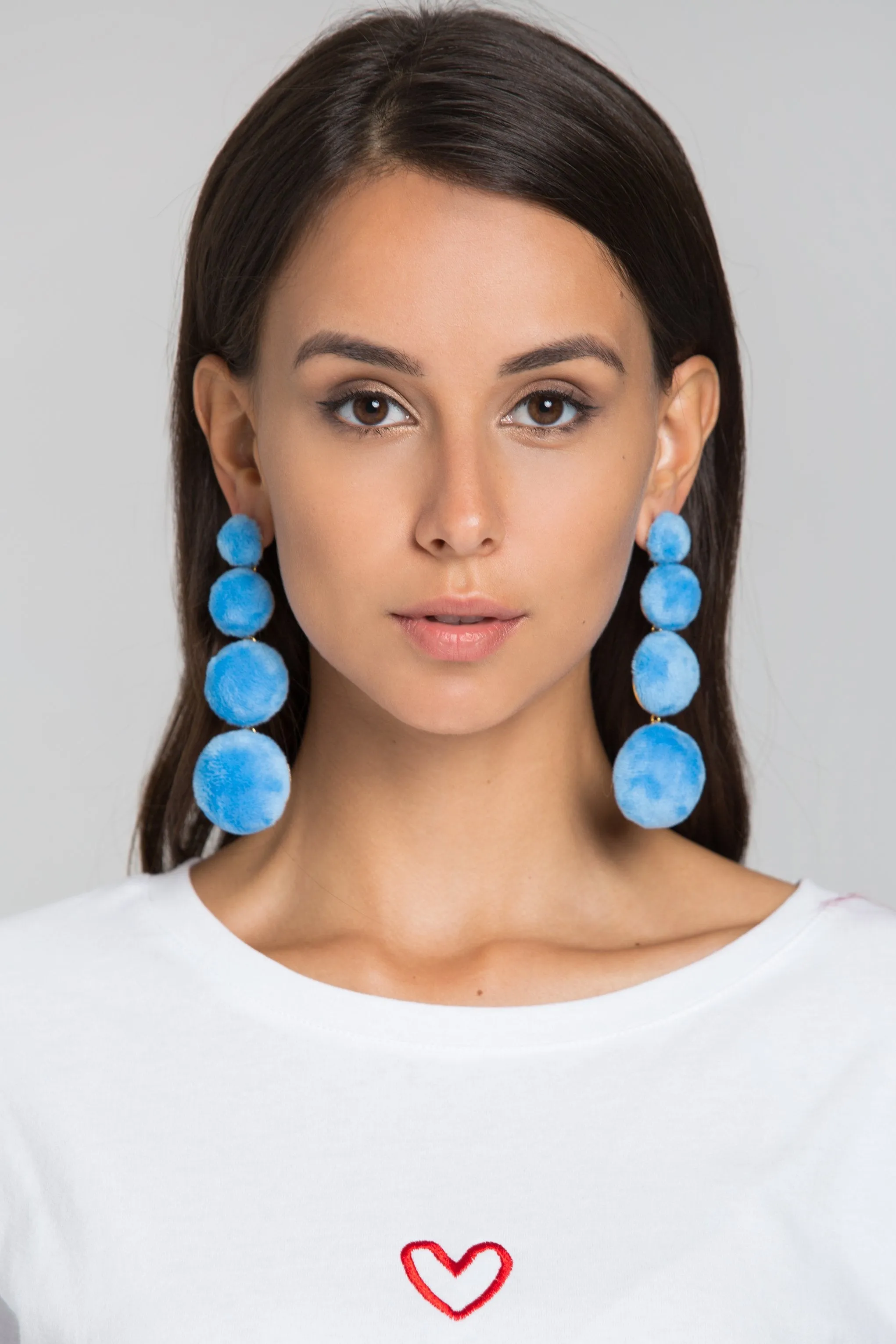 Blue Tiered Fur Button Earrings