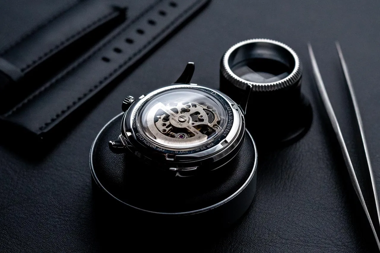 DIY Watchmaking Kit | 38.5mm Mosel series - Blue Dial Skeleton vintage dress watch w/ Miyota 8N24 & Classic Black Leather Strap