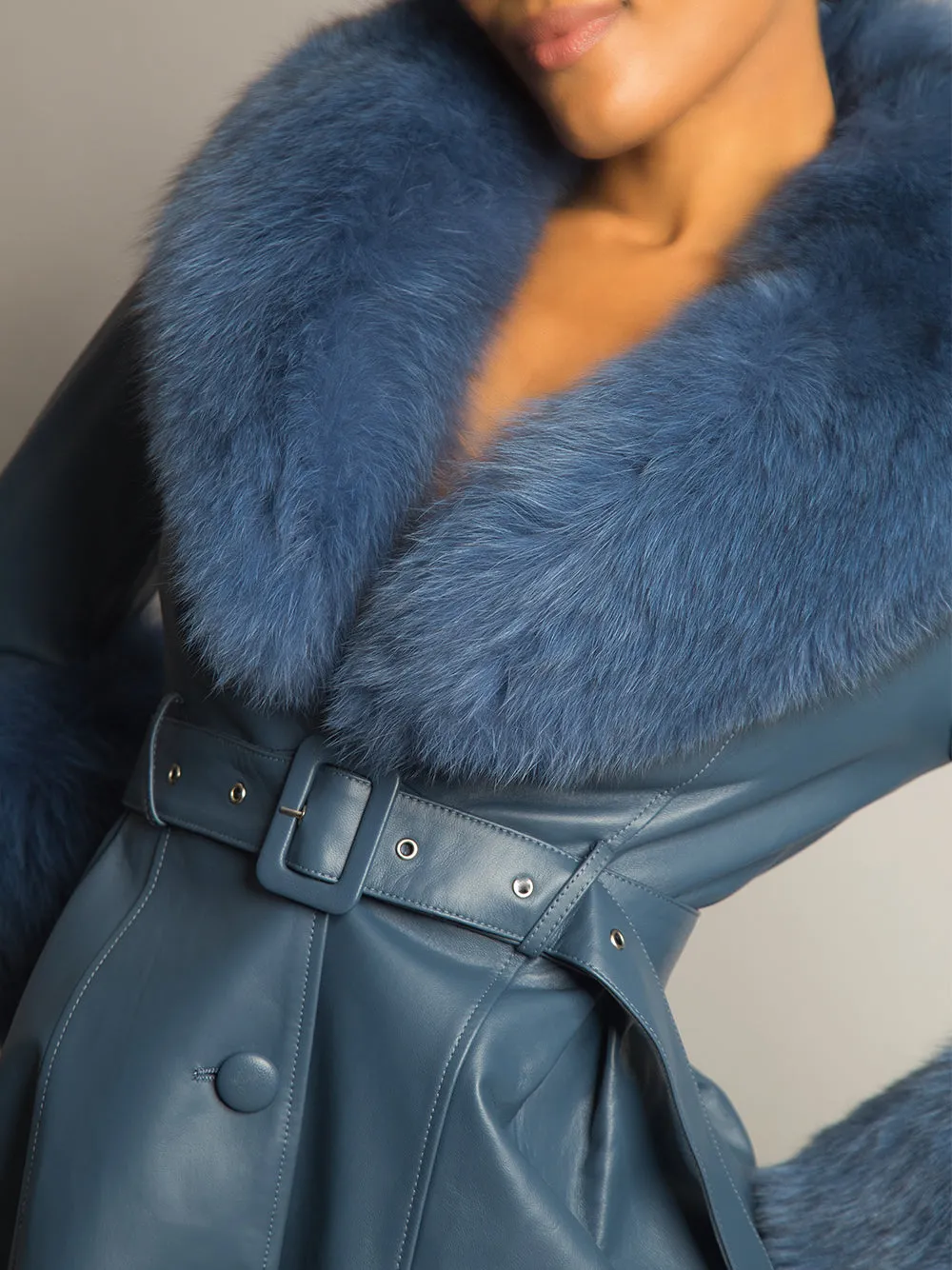 Foxy Leather Coat w/ Fox Fur In Yale Blue
