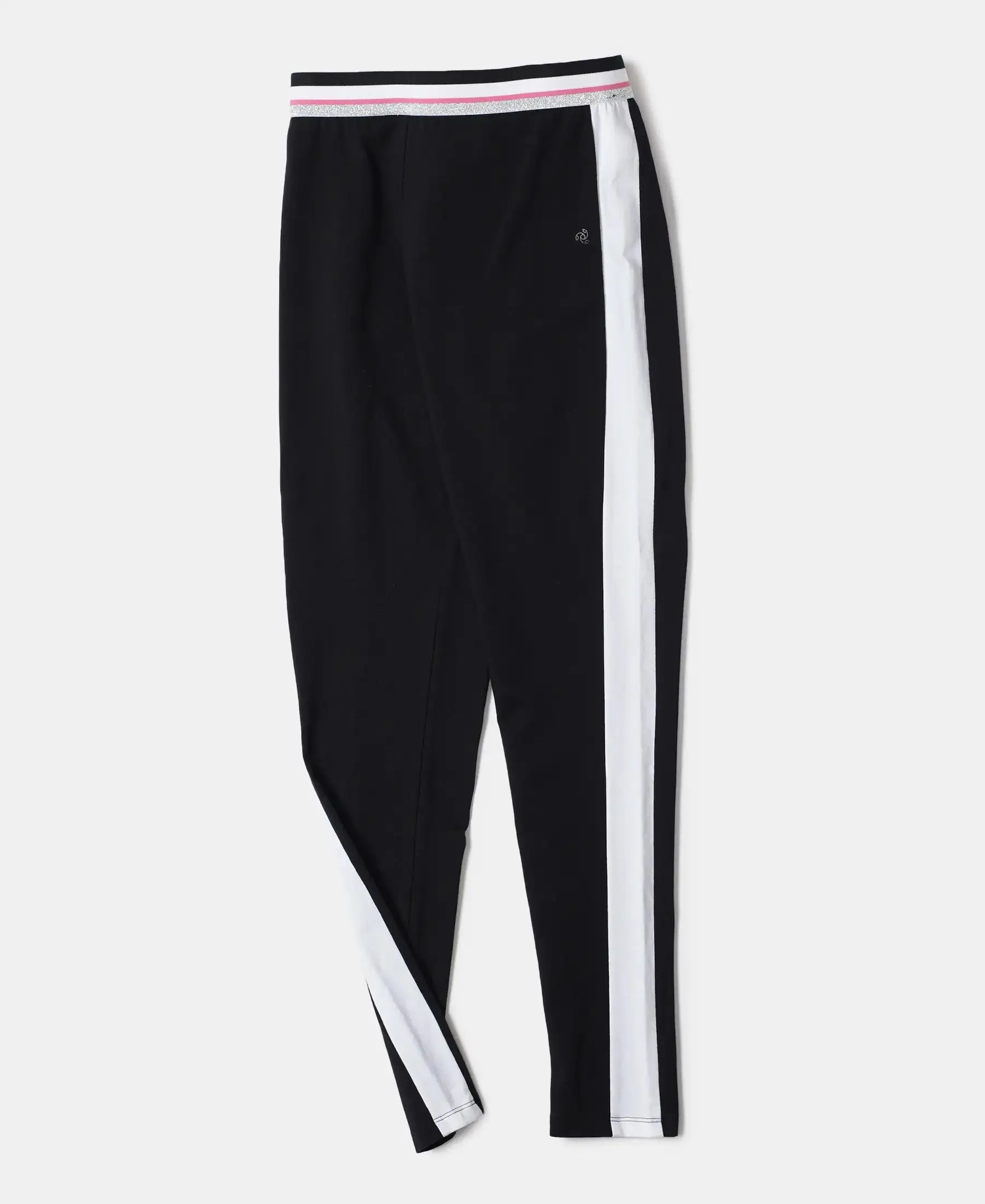 Girl's Super Combed Cotton Elastane Stretch Leggings with Contrast Side Panel - Black