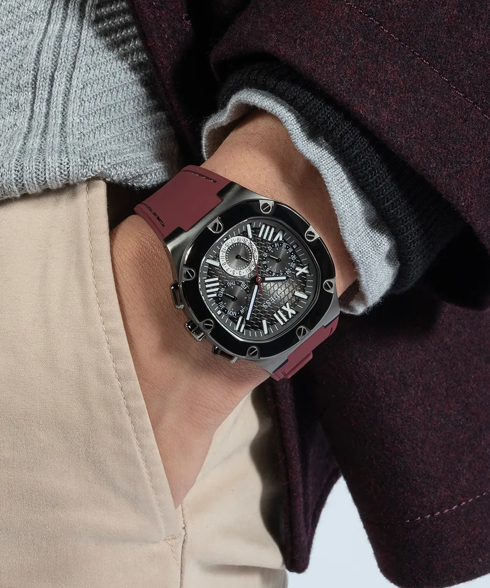 GUESS Mens Burgundy Gunmetal Multi-function Watch