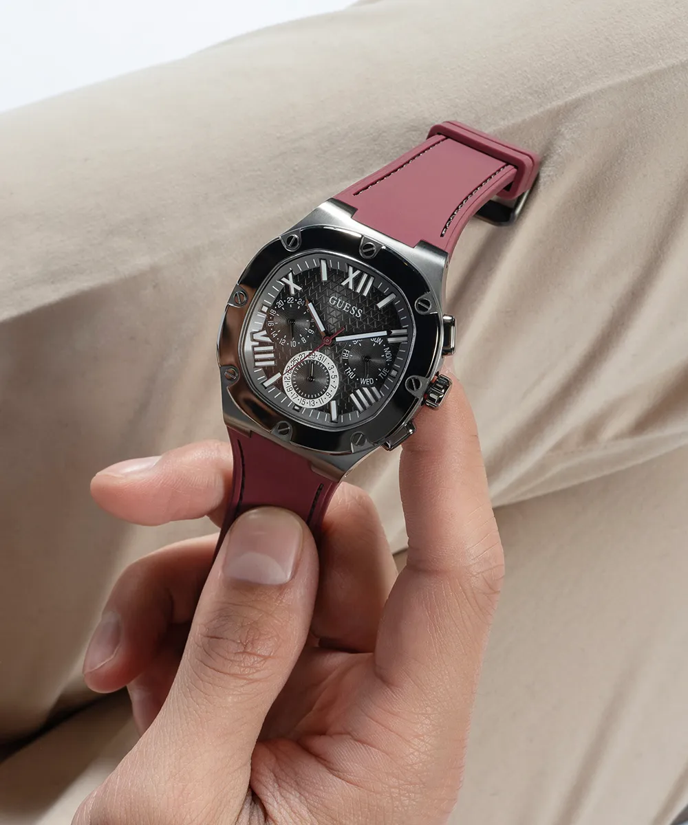 GUESS Mens Burgundy Gunmetal Multi-function Watch