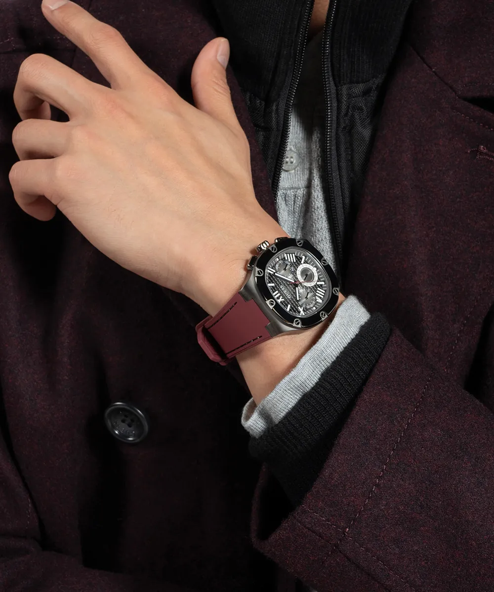 GUESS Mens Burgundy Gunmetal Multi-function Watch