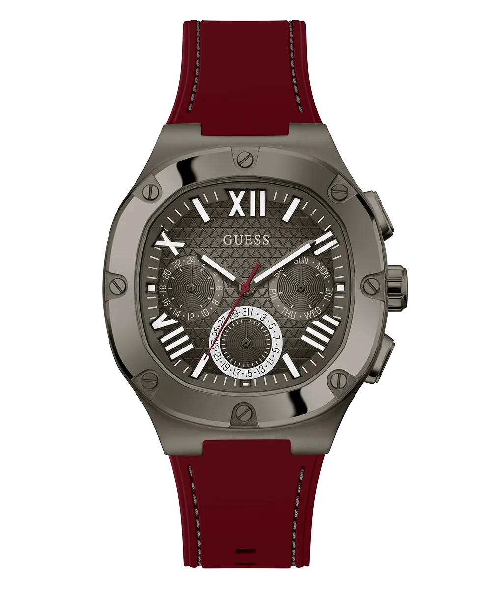 GUESS Mens Burgundy Gunmetal Multi-function Watch