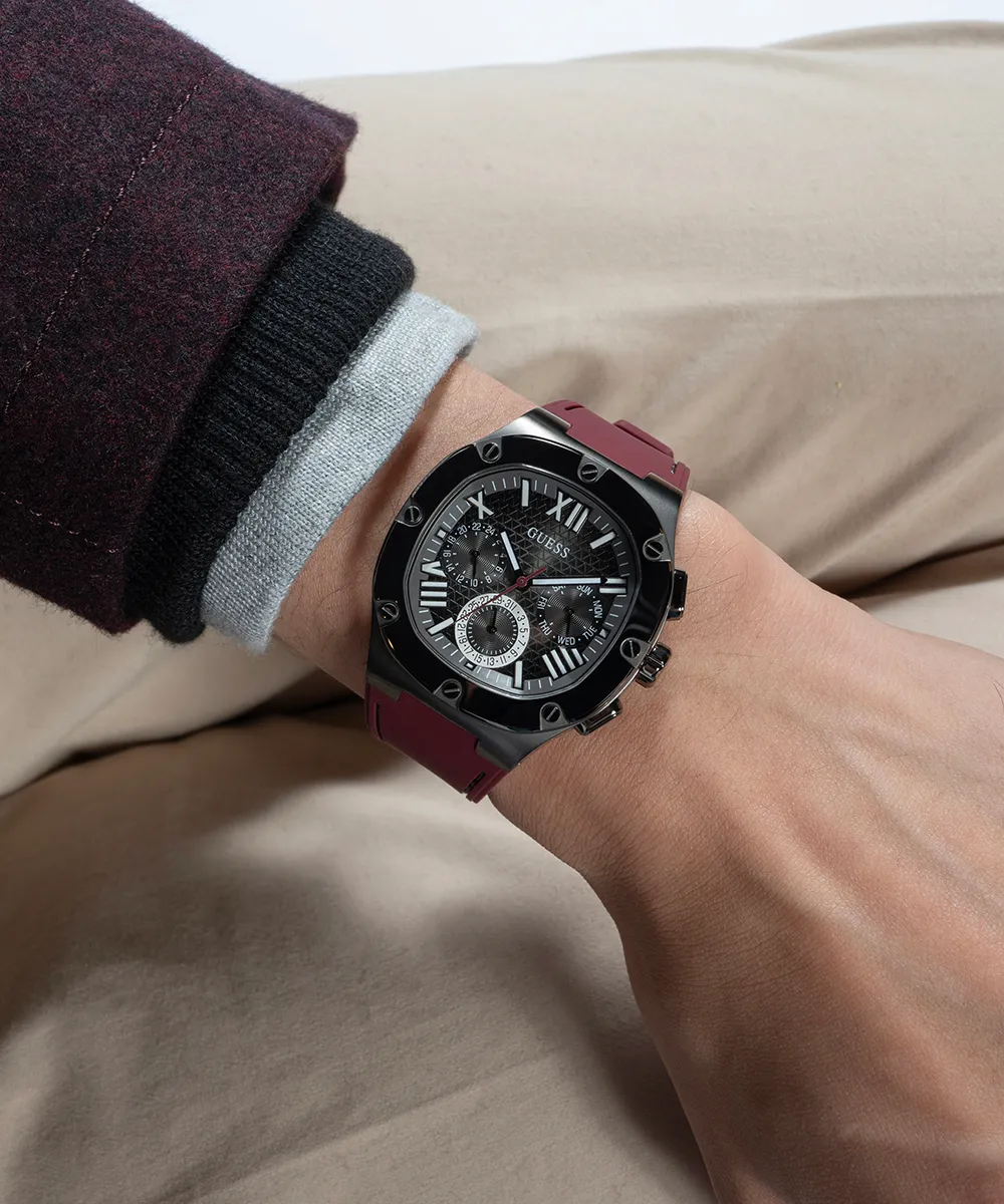 GUESS Mens Burgundy Gunmetal Multi-function Watch