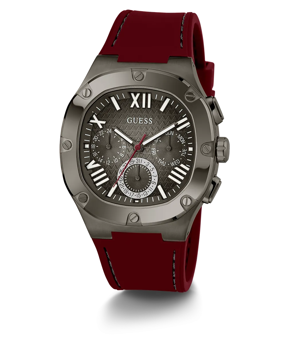 GUESS Mens Burgundy Gunmetal Multi-function Watch