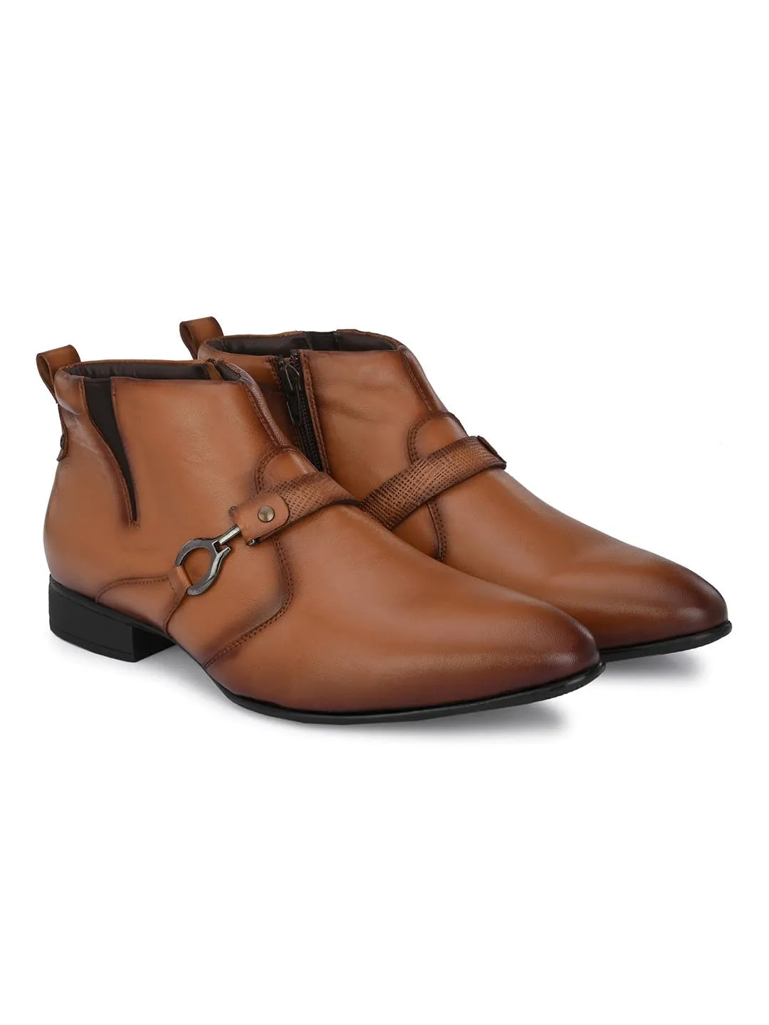 Hitz Men's Tan Leather Ankle Boot Shoes with Zip Closure