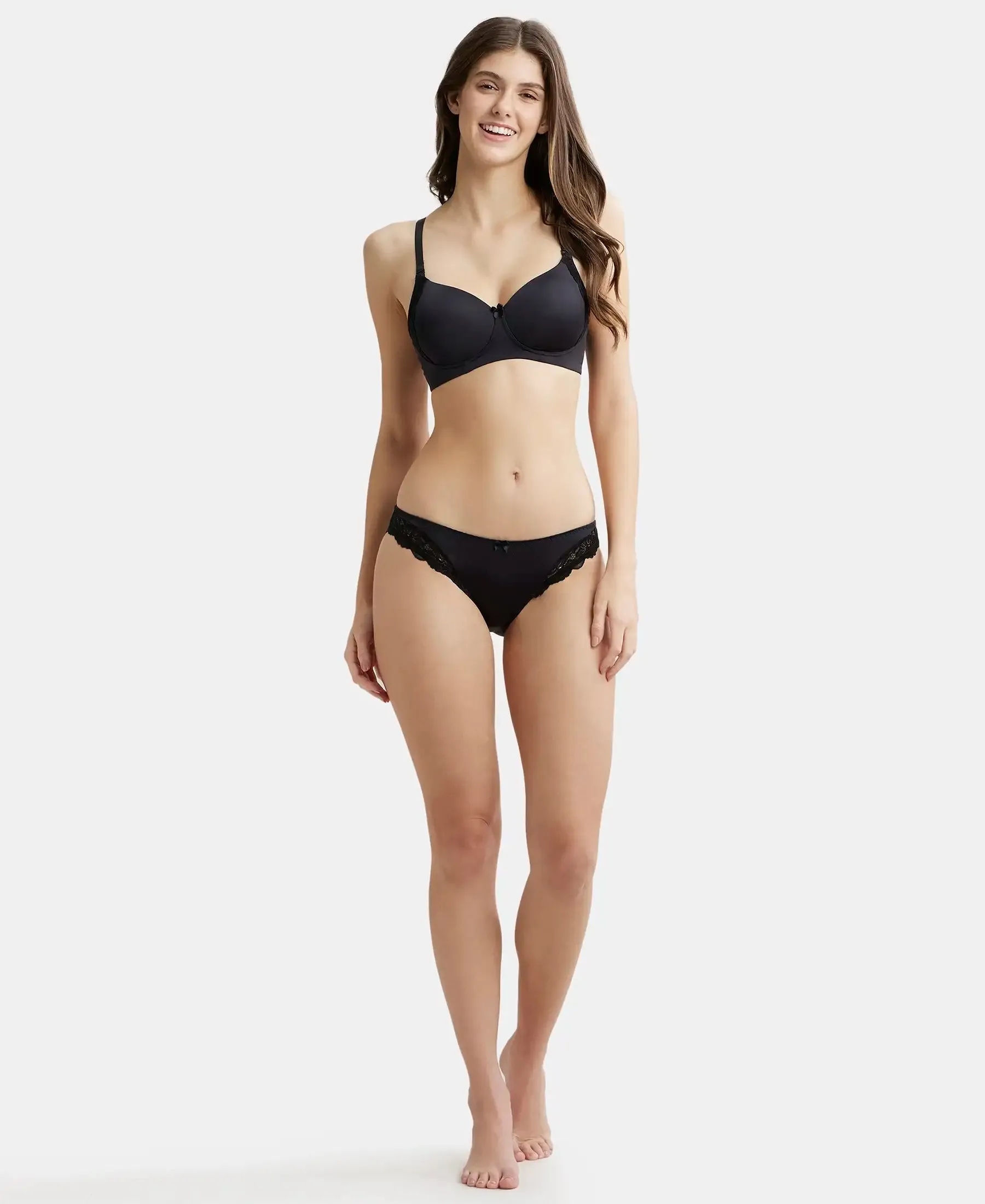 Medium Coverage Soft Touch Microfiber Elastane Stretch Lace Styled Bikini With StayFresh Treatment - Black