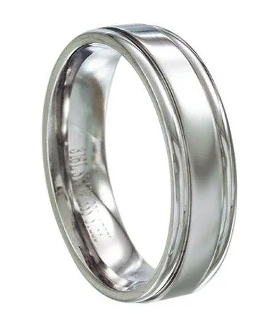 Men's Stainless Steel Wedding Band with Grooved Edges and Polished Finish | 6mm