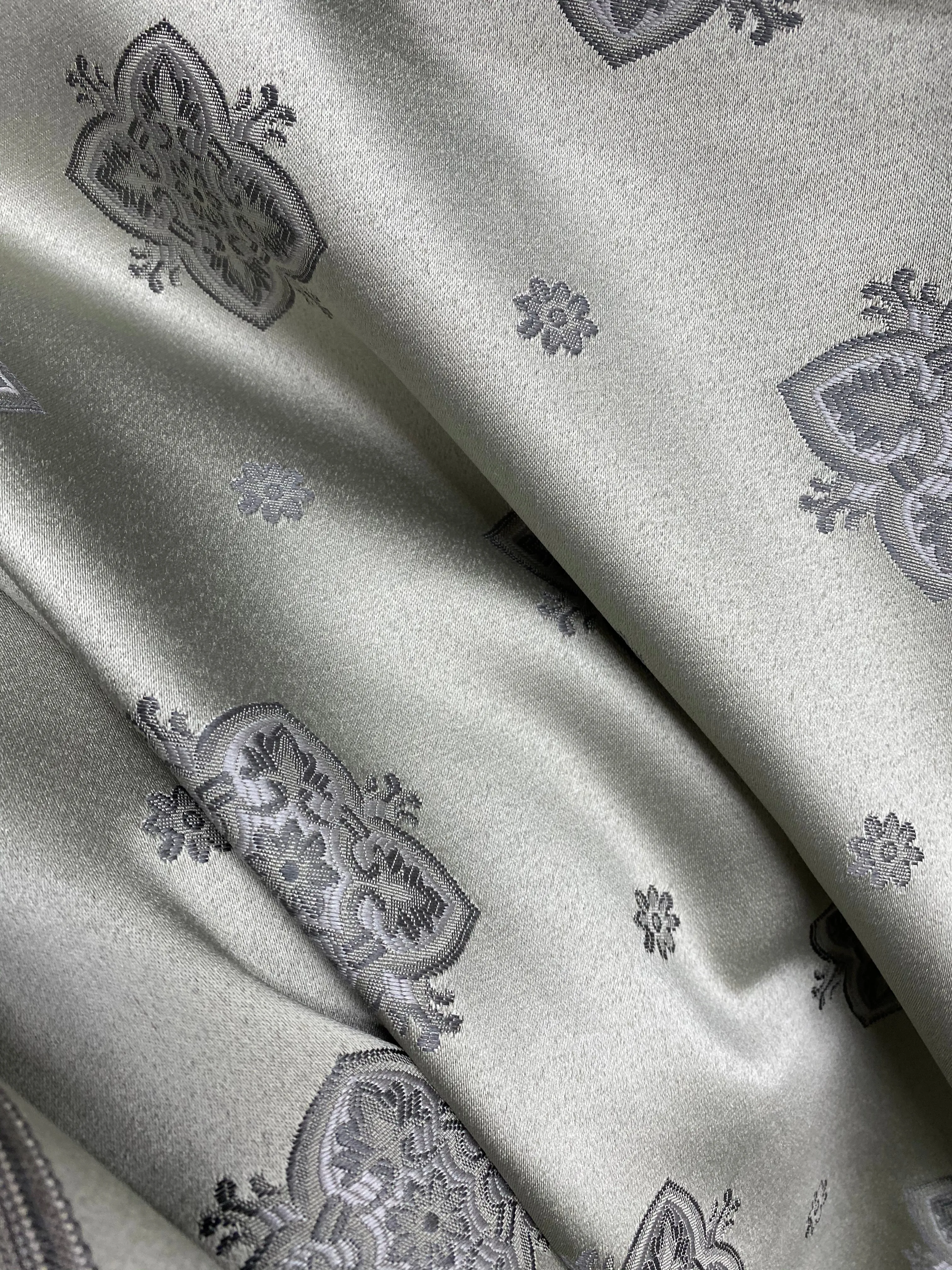 NEW Designer Satin Geometric Floral Drapery Fabric - Silvery Gray