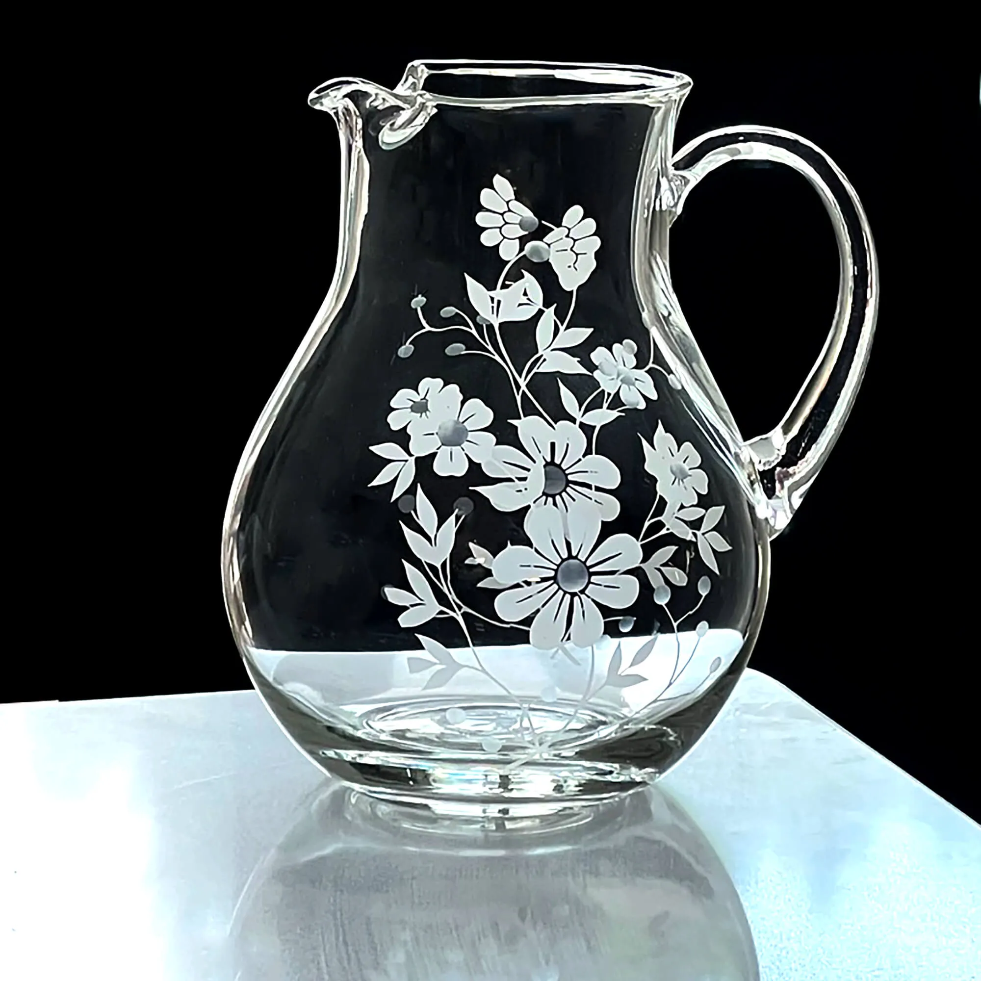 Pasabahce White Etched Floral Glass Pitcher 9-in
