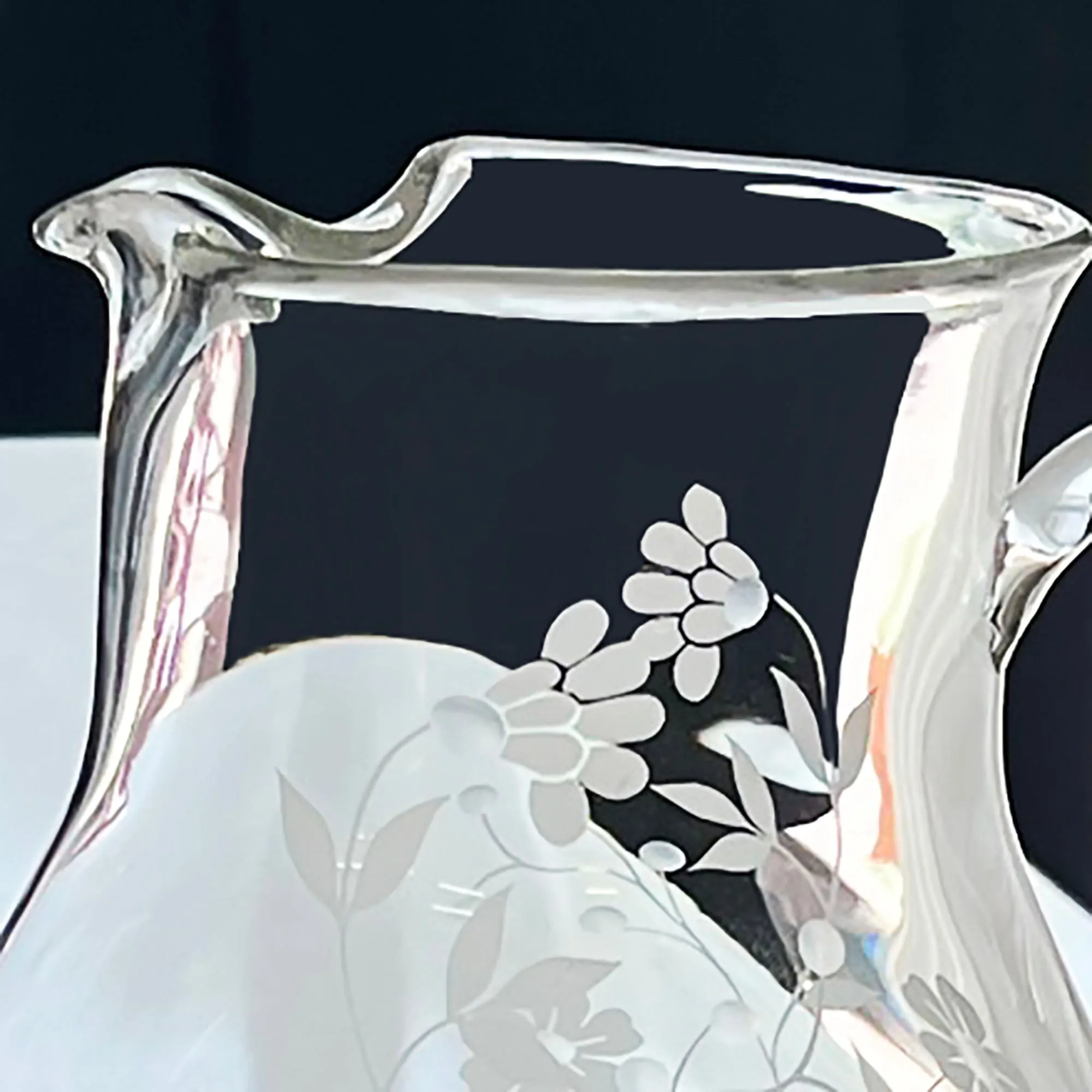 Pasabahce White Etched Floral Glass Pitcher 9-in