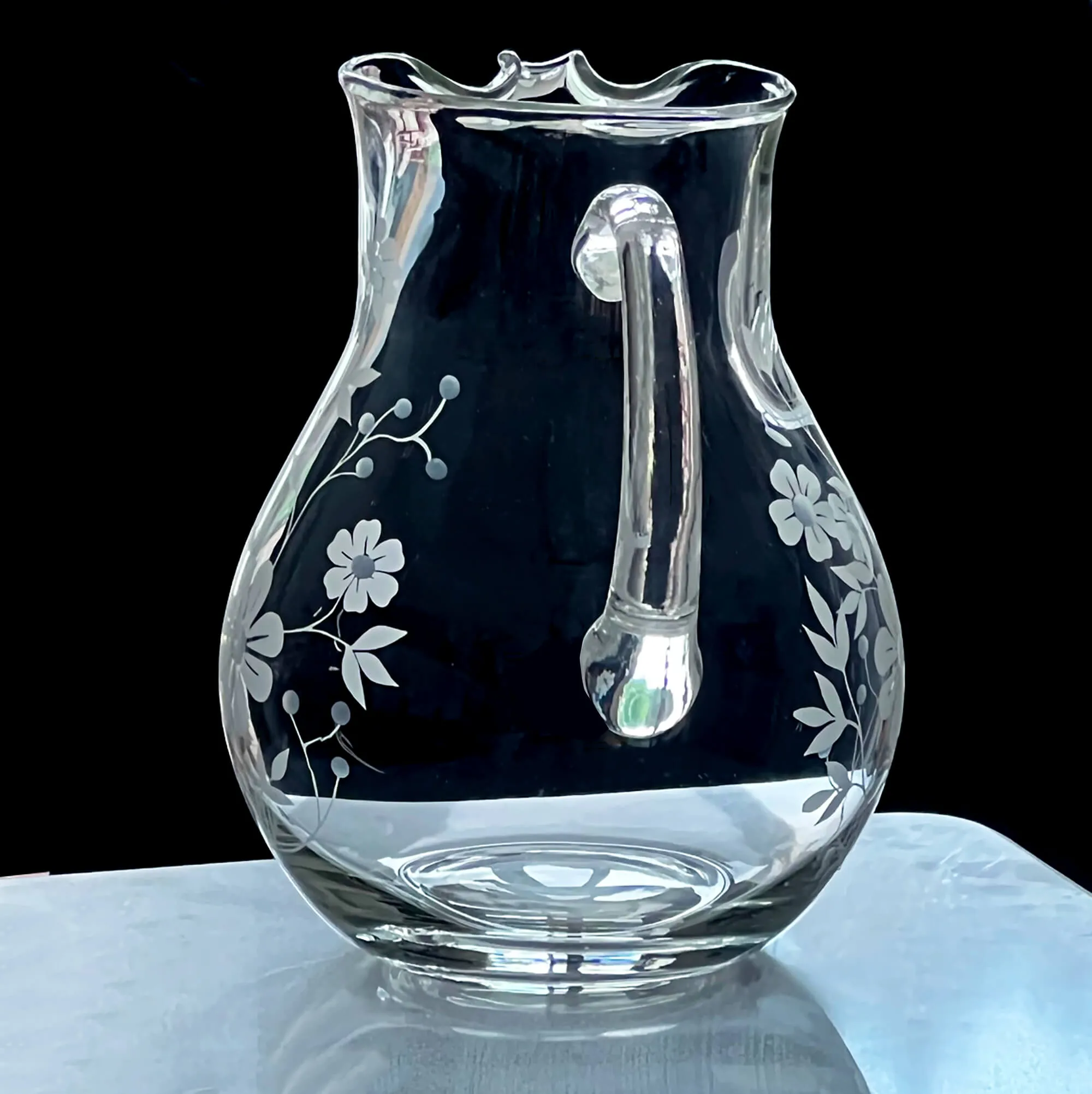 Pasabahce White Etched Floral Glass Pitcher 9-in