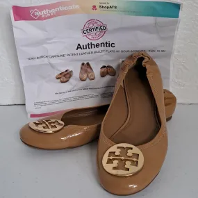 Tory Burch Caroline Patent Leather Ballet Flats Camel Tan