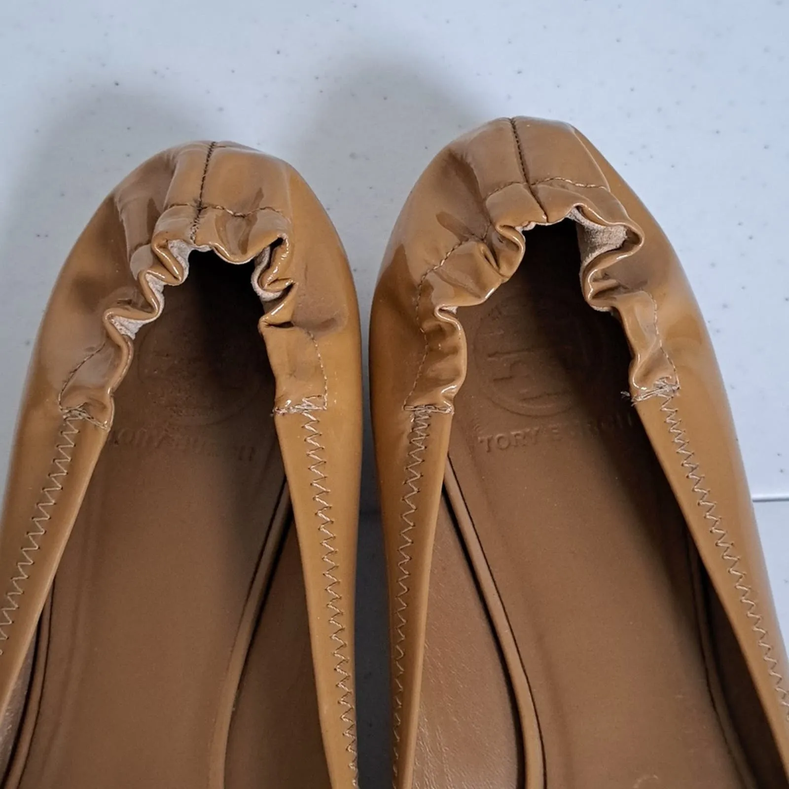 Tory Burch Caroline Patent Leather Ballet Flats Camel Tan