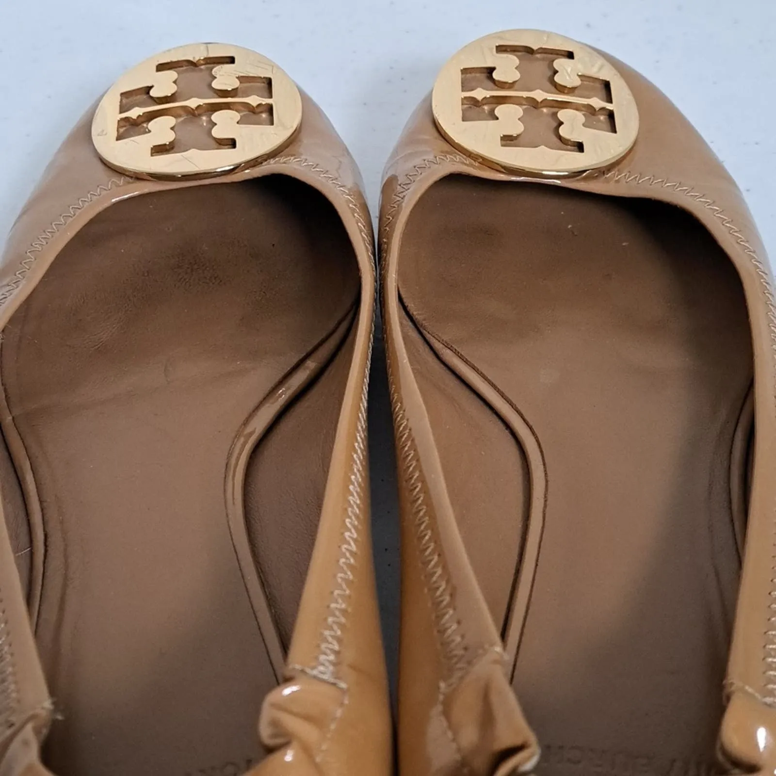 Tory Burch Caroline Patent Leather Ballet Flats Camel Tan