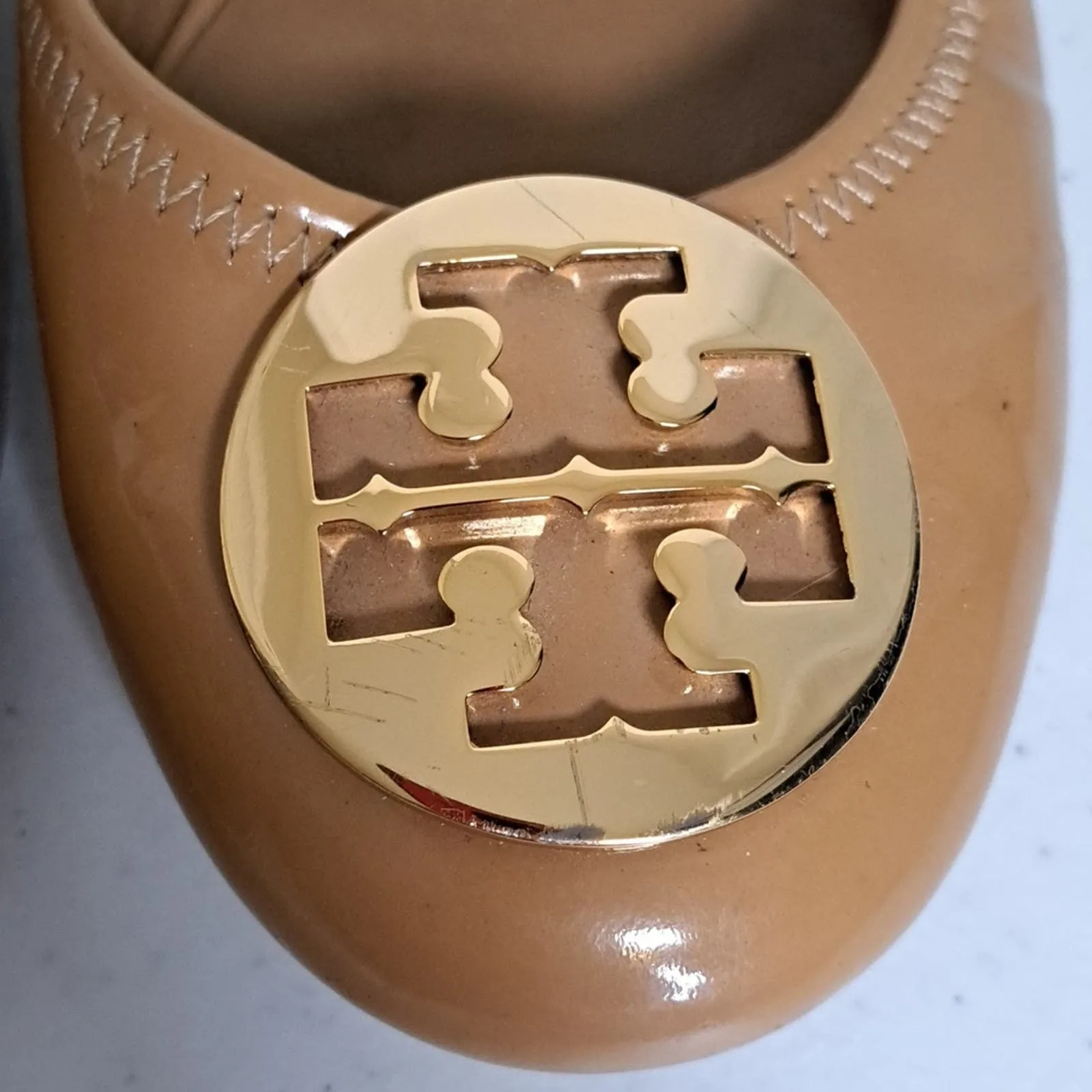 Tory Burch Caroline Patent Leather Ballet Flats Camel Tan