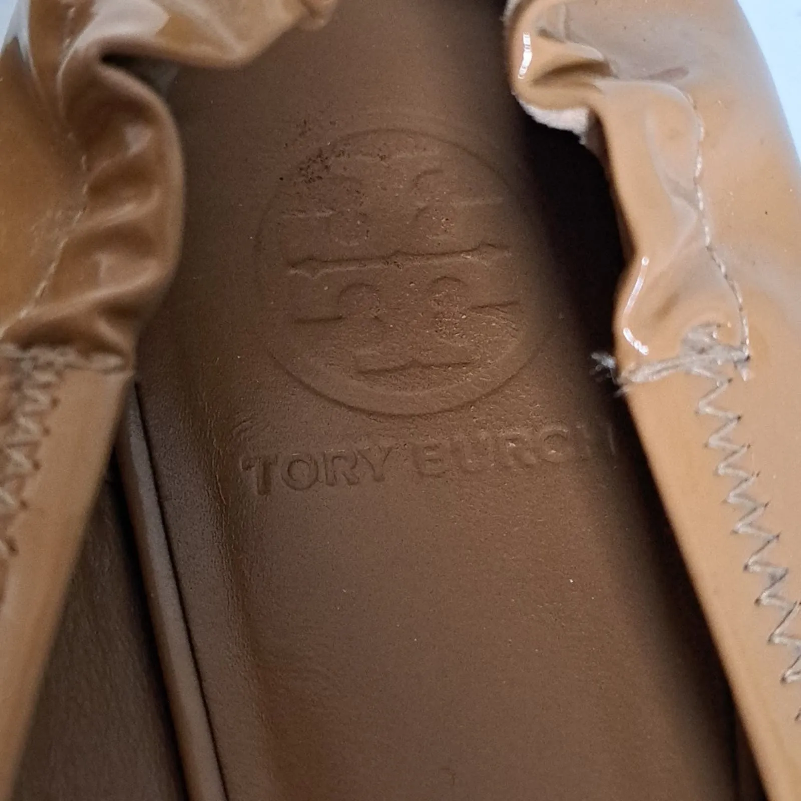 Tory Burch Caroline Patent Leather Ballet Flats Camel Tan