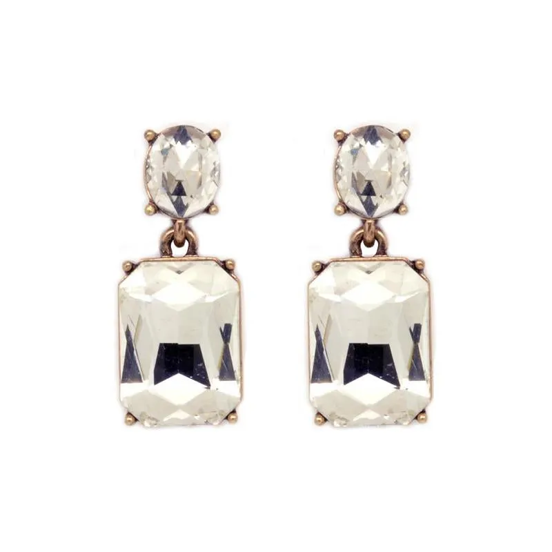 Twin Gem Crystal Earrings in Antique Gold In Clear