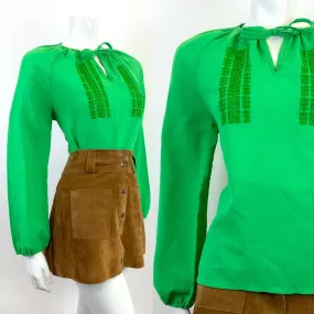 VINTAGE 60s 70s APPLE GREEN EMBROIDERED BOHO FOLK PEASANT BLOUSE TOP 12 14
