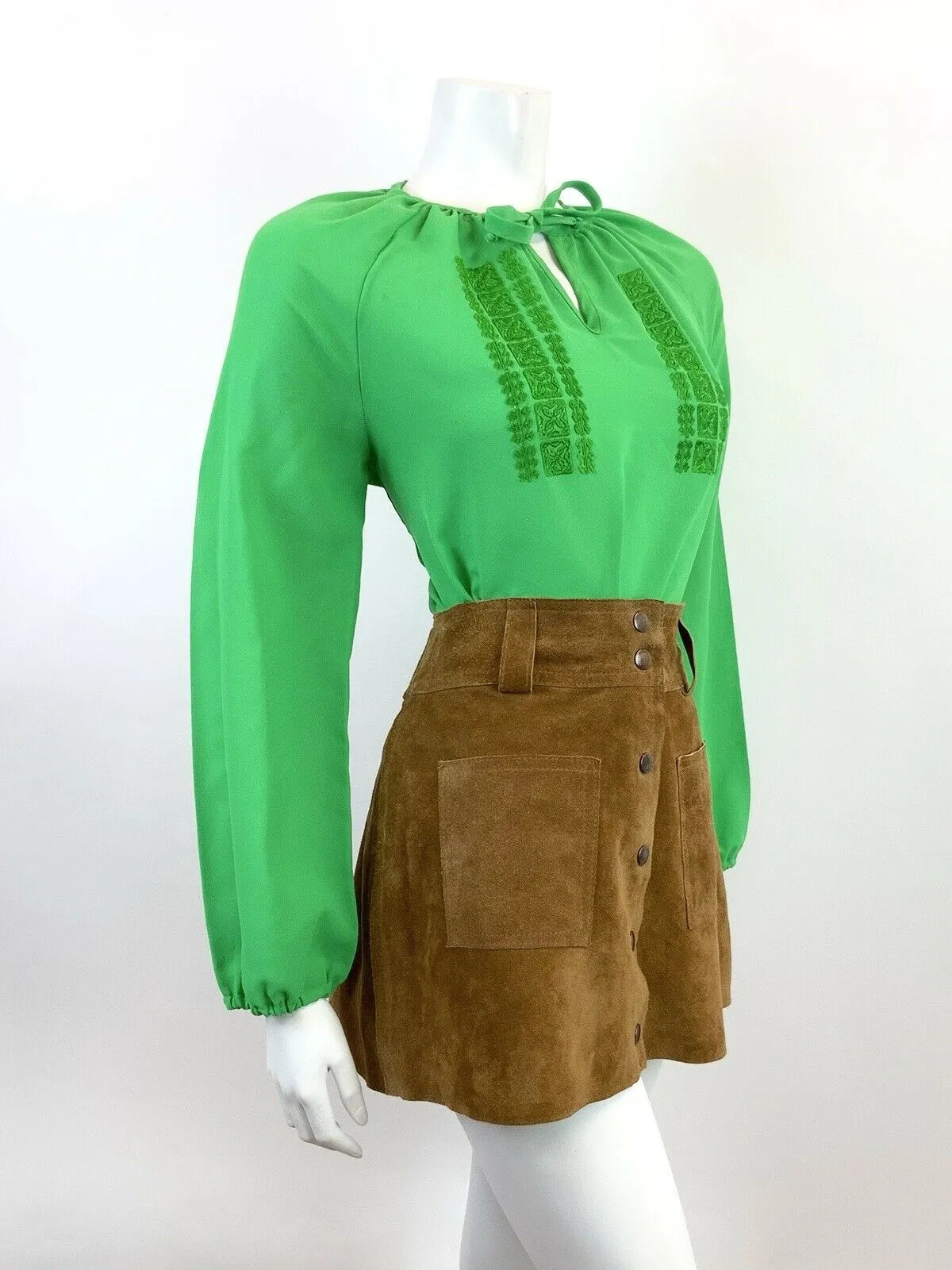 VINTAGE 60s 70s APPLE GREEN EMBROIDERED BOHO FOLK PEASANT BLOUSE TOP 12 14