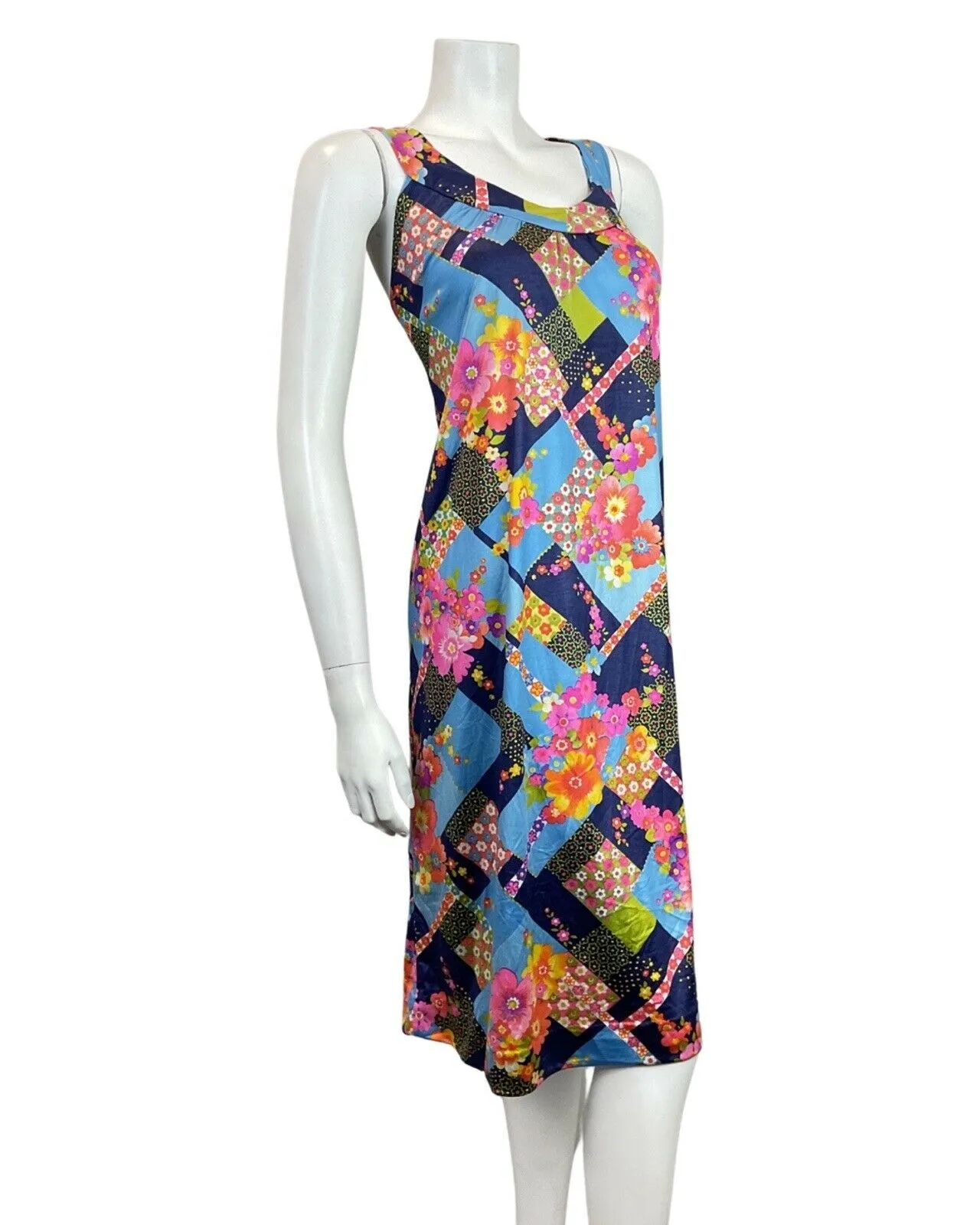 VINTAGE 60s 70s BLUE PINK YELLOW PATCHWORK FLORAL MOD TENT A-LINE DRESS 16 18